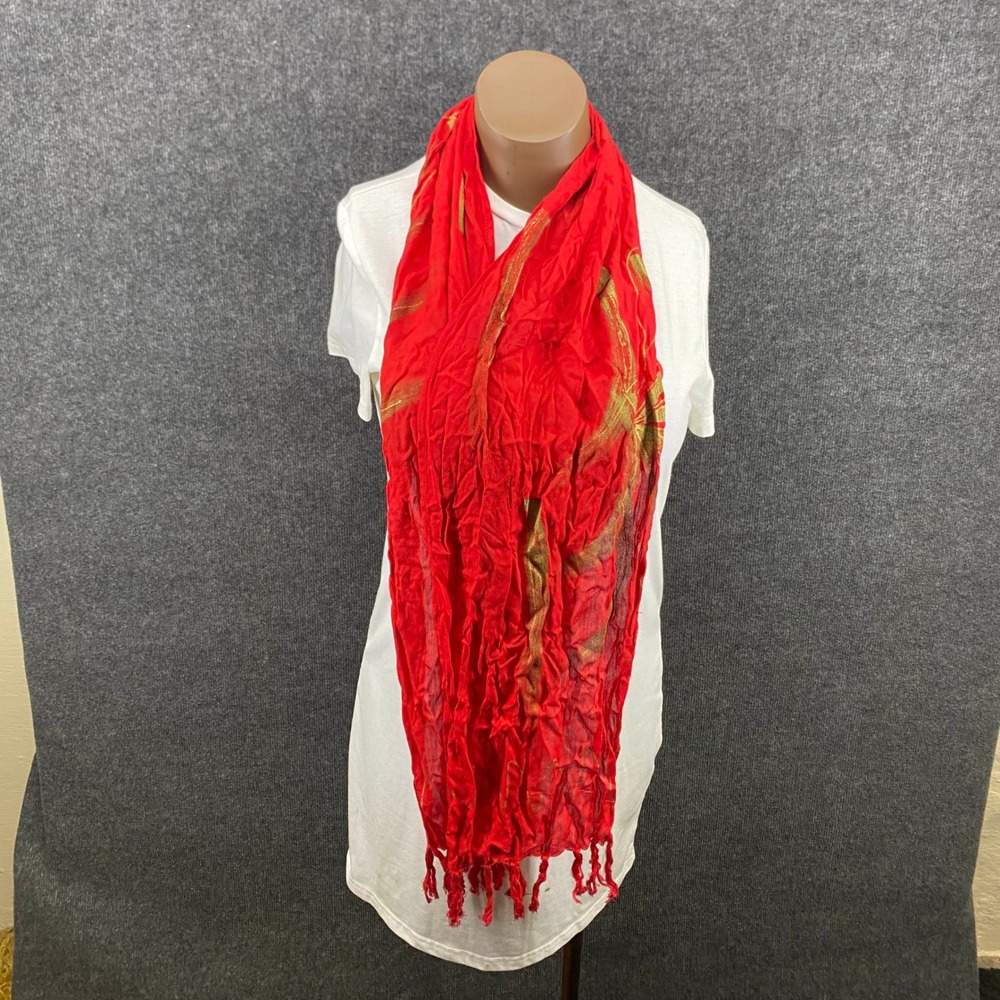 Bali Collection Red Crinkle Scarf Gold Metallic Abstract Print Fringe Trim